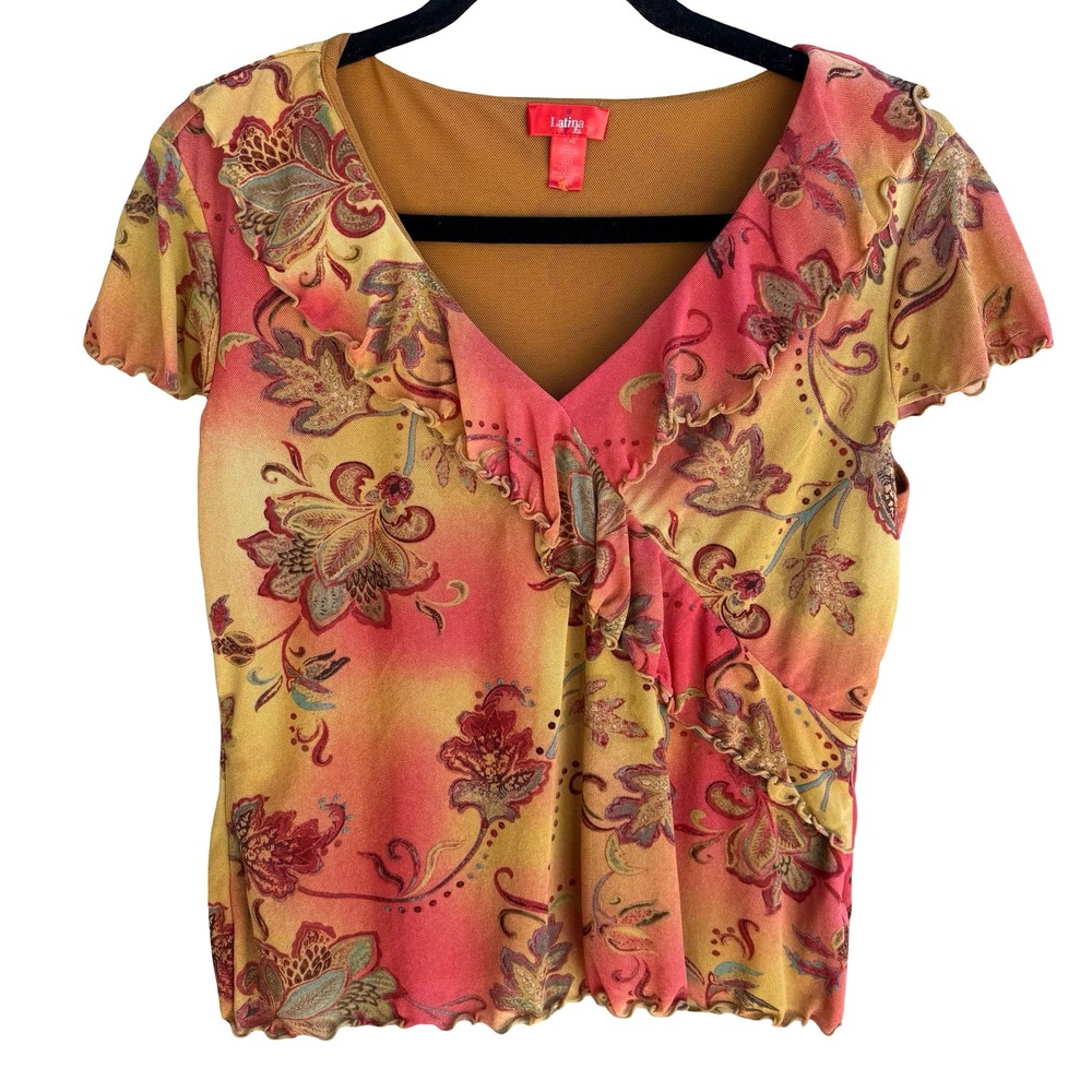 Latina Life Y2K‎ Boho Floral Paisley Ruffle Fairy Top XL Lettuce Trim Whimsigoth
